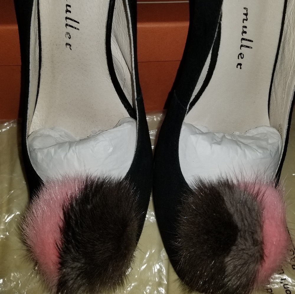 Suede & Real Fur Black Block Heels